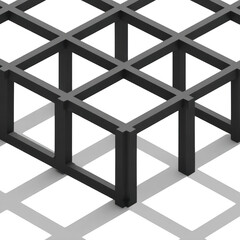 3D geometric structure with interlocking black and gray cubes creates optical illusion on transparency background, showcasing modern design and abstract art
