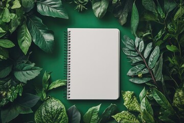 Blank notebook surrounded by vibrant green foliage on a vibrant green background