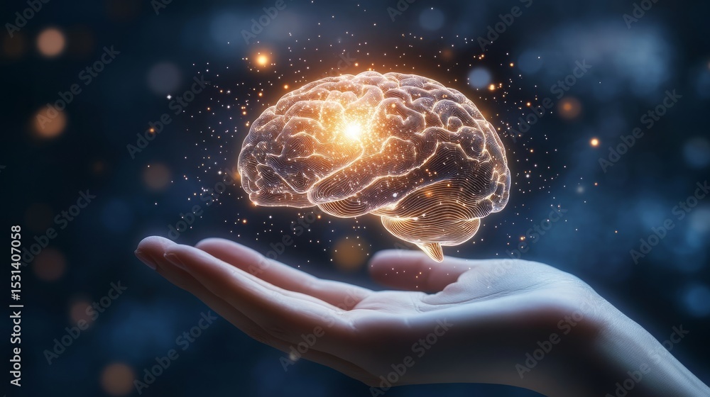 Poster glowing brain floating above open human hand representing artificial intelligence, innovative thinki
