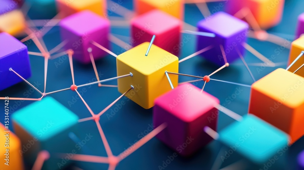 Poster a network structure made of colorful blocks connected to each other, symbolizing connection and inte