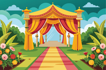 Festive outdoor wedding ceremony scene with colorful floral decorations and a red carpet