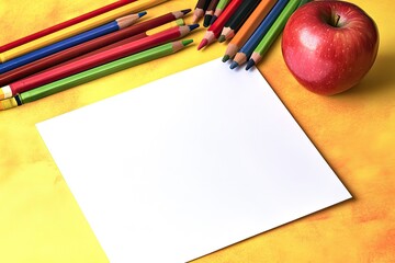 Blank paper surrounded by colorful art supplies and a red apple on a yellow background