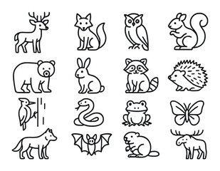 Forest animal icon set. woodland creatures silhouette: deer, fox, owl, bear, raccoon vector icons.
