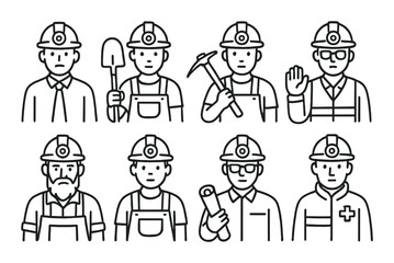 Miner character set. underground workers linear tools. helmet, shovel, pickaxe, engineer, safety, architect vector icons.