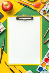 Blank clipboard surrounded by art supplies