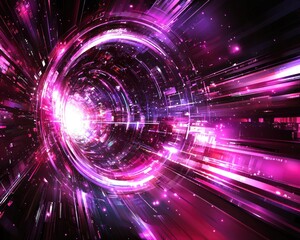 An abstract digital artwork depicting a vibrant, swirling tunnel of light, featuring glowing pink and purple streaks radiating from a central, bright white core.  The image evokes speed and energy