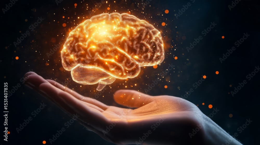 Poster glowing brain floating above open human hand representing artificial intelligence, innovative thinki
