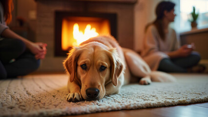 Calm Labrador dog resting on rug in living room near fireplace. Image suitable for home, pet, comfort, and relaxation themes.