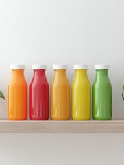 Row of Colorful Organic Juice Bottles on Minimalist Kitchen Shelf