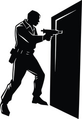 Police Officer Breaching Door with Gun Drawn Silhouette Art