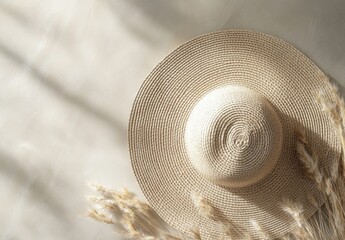 A light beige straw sun hat sits atop a light beige surface, with dried grasses. Sunlight casts soft shadows