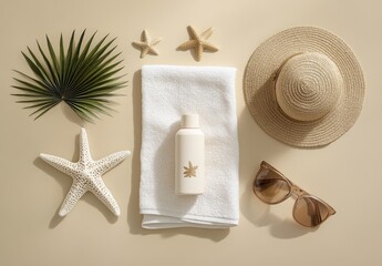 Summer essentials laid out on beige backdrop.  Beachy,  relaxing,  holiday prep.  Includes towel,  sun lotion,  hat,  sunglasses,  palm leaf,  sea stars