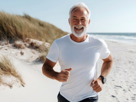 Senior man enjoying running on the beach, active retirement lifestyle