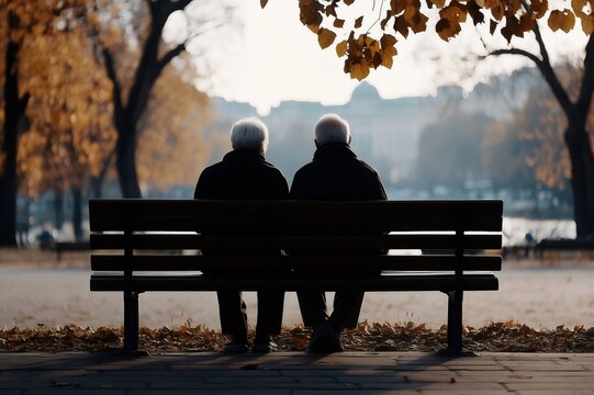 Elderly couple relaxing on park bench in autumn