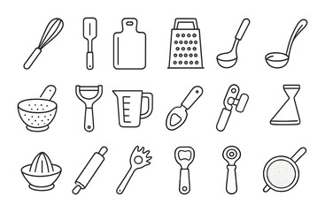 Kitchen utensil set. cooking tools flat icons. whisk, ladle, grater, peeler, sieve vector icons.
