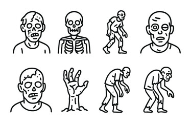 Zombie icon set. horror linear silhouettes: undead, skeleton, ghoul, hand, walking dead vector icons.