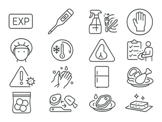 Food safety set: hygiene, temperature, cleaning, covid, expiry, gloves linear vector icons