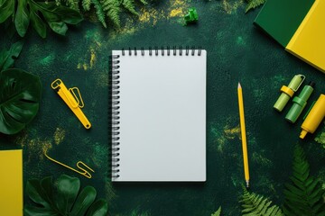 Flat lay of a blank spiral-bound notebook surrounded by vibrant green and yellow tropical leaves and stationery