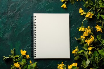 Blank spiral notebook surrounded by yellow flowers on a dark teal surface