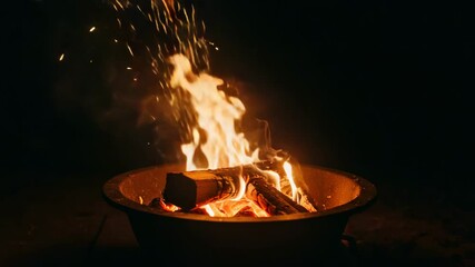 Glowing campfire with wood logs and sparks at night outdoors   - Powered by Adobe