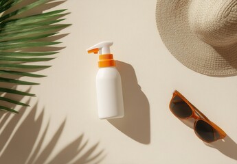Sunscreen, hat, sunglasses, palm leaf.  Flat lay of sun protection items