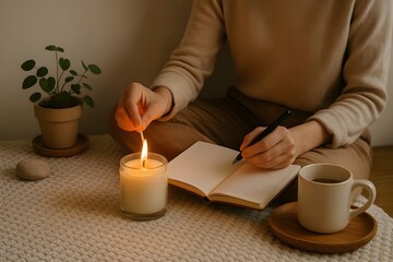 Peaceful Self-Care Moment with Person Journaling and Lighting a Candle in Cozy, Softly Lit Home Corner for Mindfulness and Reflection