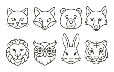 Animal face set. wildlife linear faces: cat, fox, bear, lion, owl, rabbit, tiger vector icons.