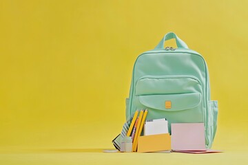 Mint green backpack filled with colorful school supplies, set against a bright yellow background