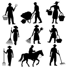 Obraz premium Silhouetted farmers working in various activities