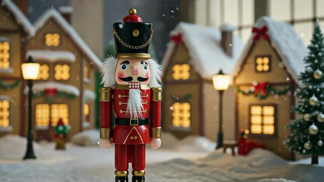 A festive nutcracker in a snowy village scene during Christmas.