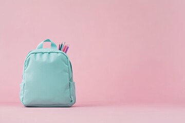 Mint-green backpack, pencils, pink background