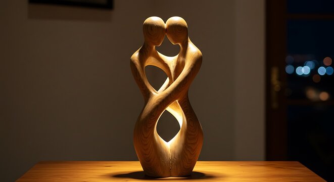 Abstract lovers wooden statue illuminated indoors - Powered by Adobe