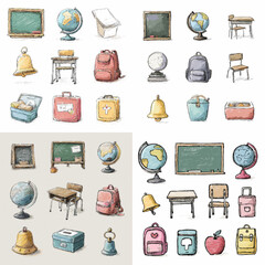 Vintage-style school item illustrations featuring globes, blackboards, bells, desks, backpacks, and chairs for education and classroom themes.

