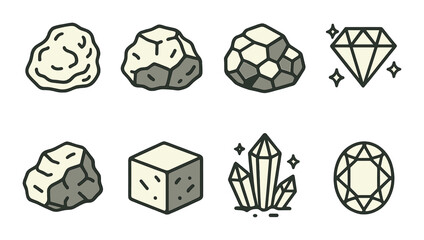 Rock and gem set. mineral, crystal, diamond, stone, cube figures silhouette vector icons.