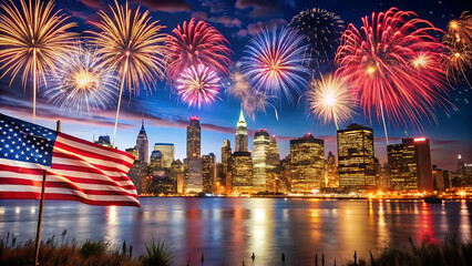 Seamless Patriotic Firecracker Pattern with Stars and Flags for Fabric