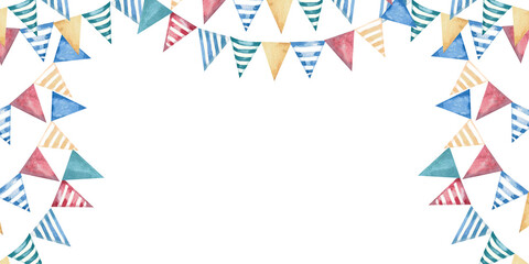 Obraz premium Rectangular frame with flags. Isolated watercolor illustration on a festive theme for postcard design, sales, interior for theme parties, printing on posters.