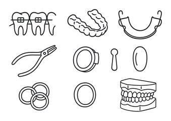 Dental tool set. oral health silhouette: braces, retainer, denture, forceps vector icons