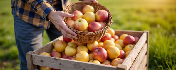 Man Harvesting Fresh Apples into Basket and crate showcasing the agricultural process during apple season