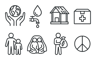 Humanitarian aid set. support, shelter, relief, peace, assistance linear vector icons.