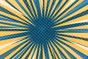 Pop art radial colorful comics book magazine cover. Striped color digital background with thunder flash. Cartoon funny retro pattern strip mock up. Vector halftone illustration. Sunburst shape.