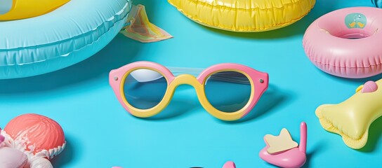 Pastel-colored summer accessories on a bright blue surface.  Round sunglasses, inflatable rings, and other playful items create a summery scene