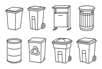 Trash bin set. garbage, recycling, waste, dumpster, trash can, container linear vector icons.