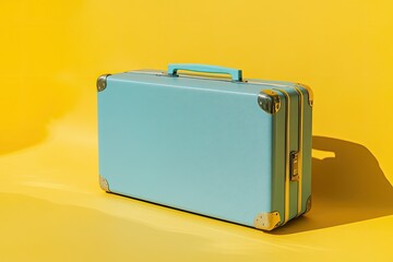 Teal vintage suitcase on bright yellow background