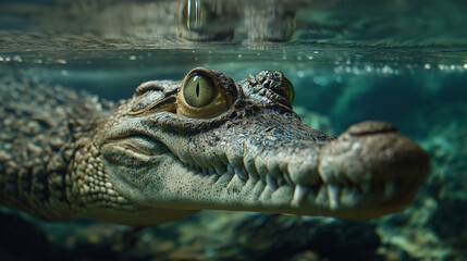 Obraz premium Close up gavial under the river in the background 4K