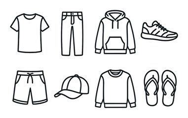 Clothing set. wardrobe essentials silhouette icons. shirt, jeans, hoodie, shoes, cap vector icons.
