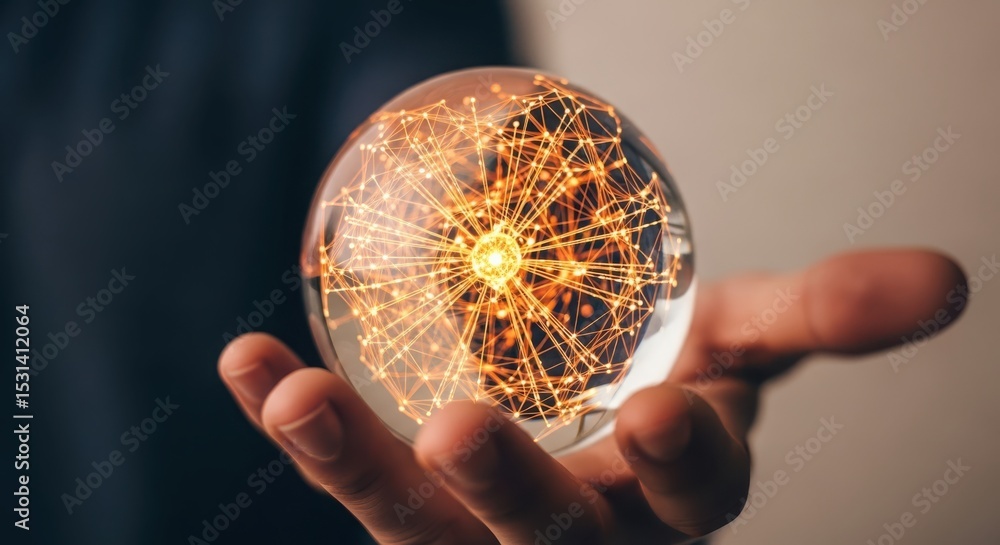 Poster a hand holds a transparent sphere with glowing lines and nodes, representing a network or technology