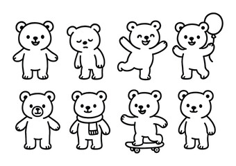 Teddy bear set. cute bear, balloon, skating, scarf, sad, happy silhouette vector icons.