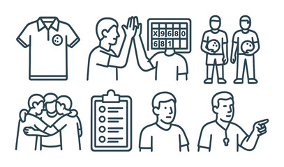 Bowling activity set. team event linear design. shirt, high-five, score, team, coach vector icons