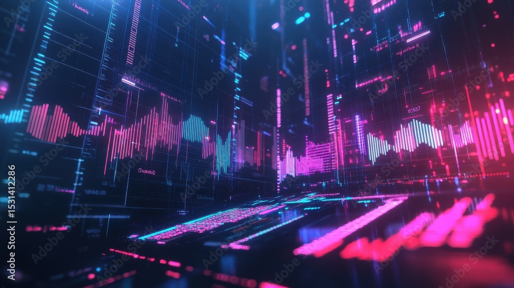 Poster futuristic digital display of colorful financial graphs, charts, and data visualizations in a dark e