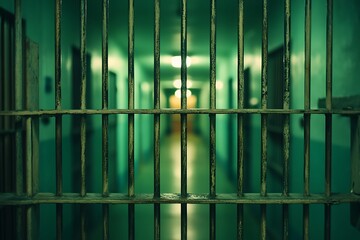 Interior of a dark prison corridor with black bars and reflections.